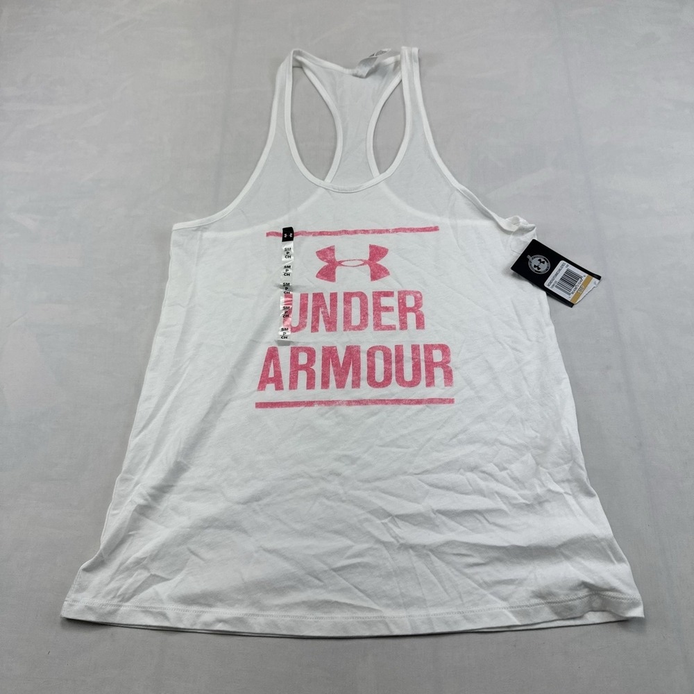Under Armour Womens S White Pink Logo Loose Fit Racerback Workout Tank Top NWT